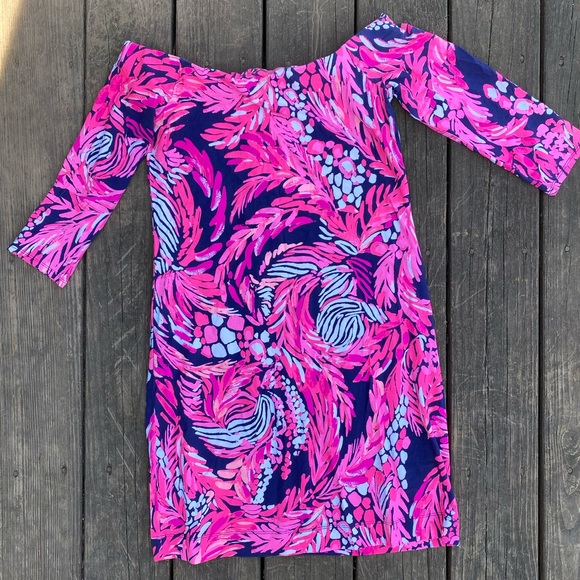 Lilly Pulitzer Off-the-Shoulder Laurana Dress in Bright Navy A Jungle in Here - Picture 2 of 6